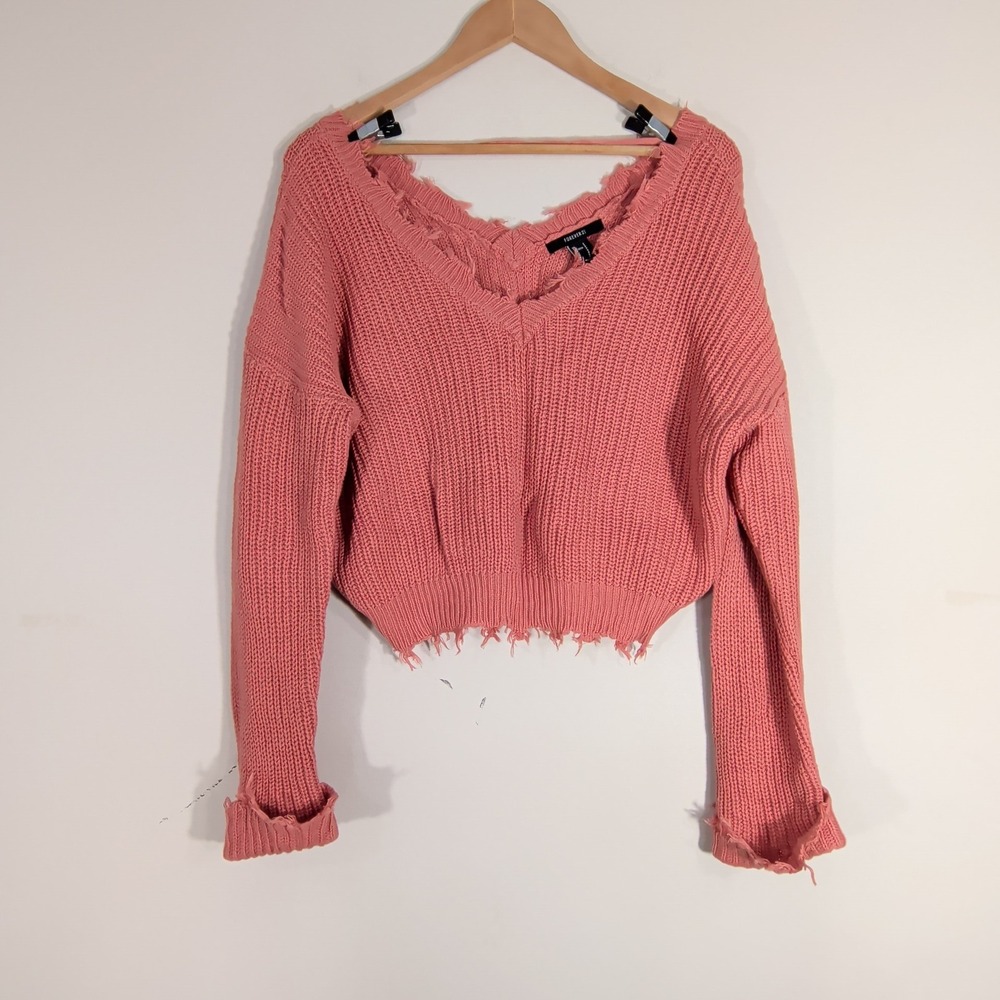 Forever 21 Pink Sweater; Distressed V-Neck Cropped Knit Top